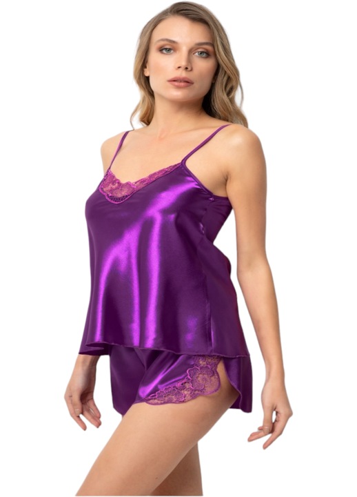 Pijama dama satin, StarFashion, cu bretele subtiri, ajustabile, Mov, One Size