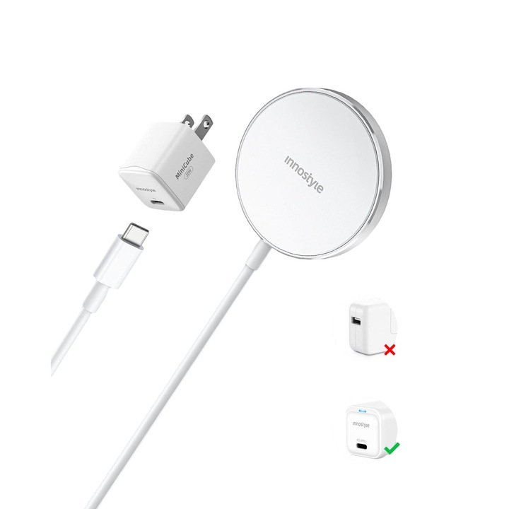 Incarcator wireless Innostyle® MagEase 15W, compatibil cu MagSafe, compatibil cu iPhone 12, 13, 14, 15, 16, AirPods, cablu USB-C de 1,2m, incarcare rapida, design din aluminiu, sistem SafeShield, alb