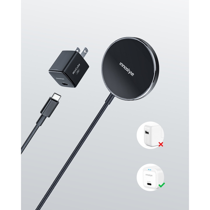 Incarcator Wireless Inductiv, Innostyle MagEase, Compatibil MagSafe, 15W, Negru, 1.2m