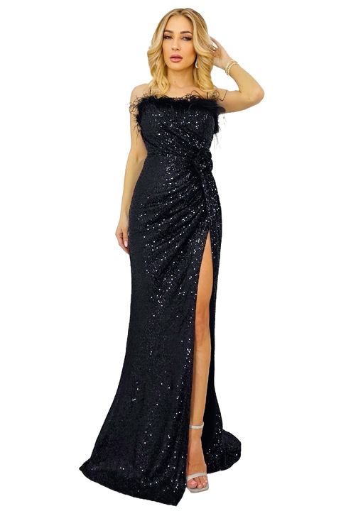 Ежедневна рокля Miss Bonita, с парти визия, пайети и декоративни пера, Черен