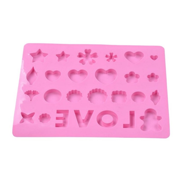 Matrita silicon roz cu mesaj Love si diverse forme de flori frunze si inimi