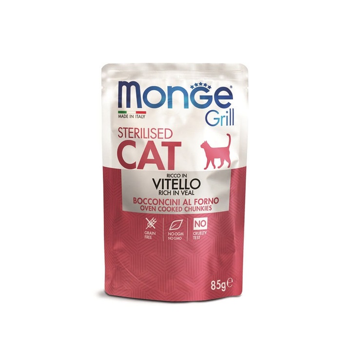 Hrana umeda pentru pisici, Monge Grill Chunkies Sterilizat, Vita, 85g