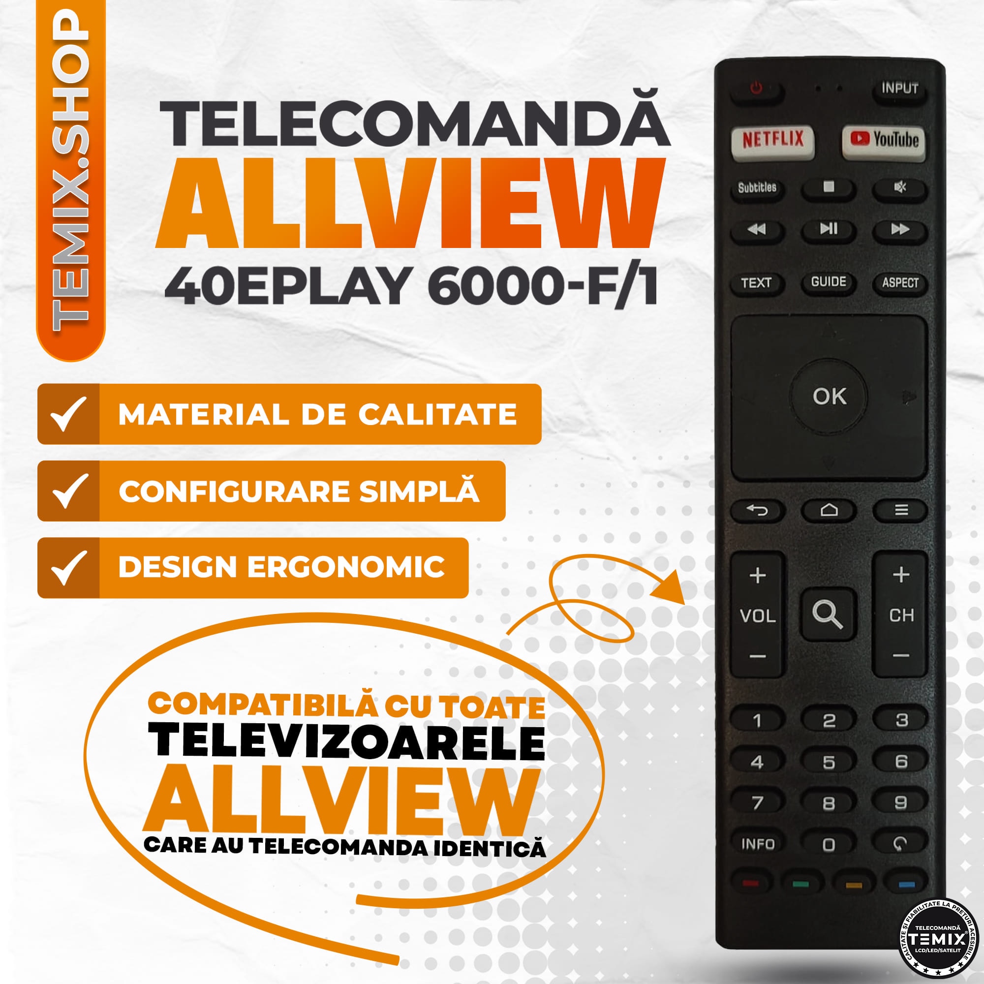 Telecomanda compatibila Allview, 40ePLAY 6000-F/1, butoane dedicate ...