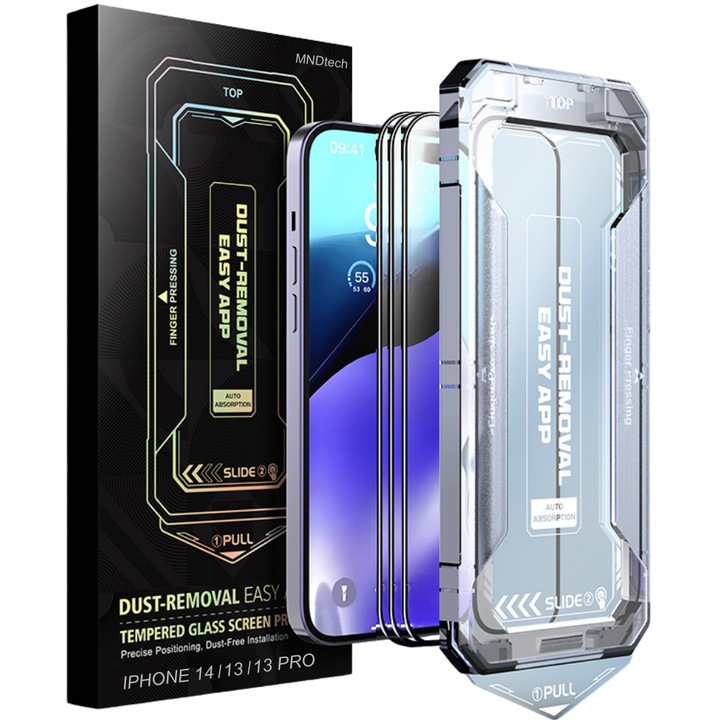 Folie Protectie Premium MNDtech® pentru iPhone 14/13/13 Pro, 3 buc, Sticla Securizata Premium HD cu Carcasa pentru Aplicare si Functie Automata in Eliminarea Prafului si a Bulelor, Hidrofoba, Full Cover, 0.3mm, Anti-Amprente, Dust Removal, Usor de Aplicat