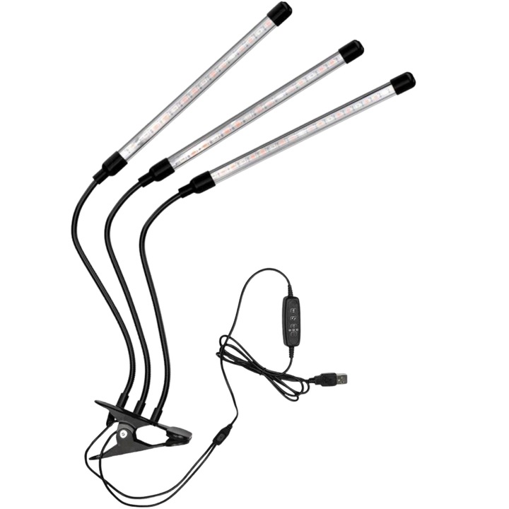 Csuklós, teljes spektrumú UV LED lámpa beltéri termesztéshez, 3 rugalmas, állítható kar, 30 W, USB, több időzítővel, 3,9,12 óra