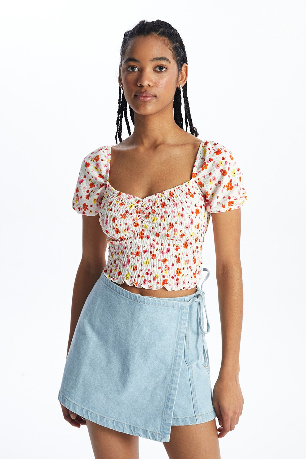 LC WAIKIKI, Bluza crop cu imprimeu floral si decolteu sweetheart