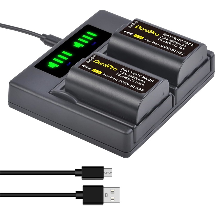 Set 2 acumulatori DWM-BLK22 de 2280 mAh si incarcator dual cu afisaj LED, USB-C si Micro USB, pentru Panasonic DMW-BTC15 Lumix DC-GH5 II, DC-GH6, DC-S5, G9, GH5, GH5S, DC-S5 II, DC-S5 IIX, DC-S5K