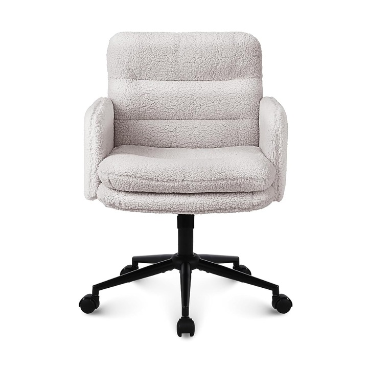 Scaun de birou ajustabil pentru casa, scaun pivotant, ergonomic, mobil, tapitat in casmir artificial, crem