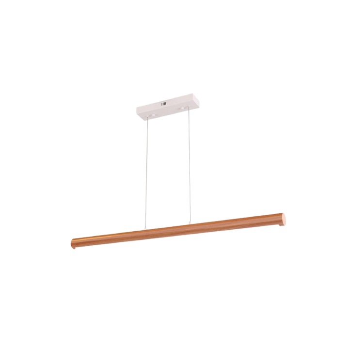 Lustra LED Liniara FANLG, 90 x 130 cm, Lemn, 15 W, Lumina Reglabila, Control prin Telecomanda, 1500 Lumeni, Culoare Maro si Alb