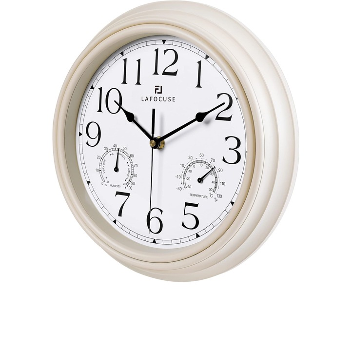 Стенен часовник, Lafocuse, с термометър и влагомер, 30 см, слонова кост бяла