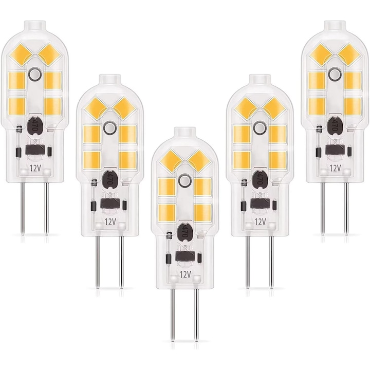 Set 5 becuri LED, G4 2W, inlocuitor pentru becul halogen de 20W, 200 lumeni, lumina alba calda 3000K, 12V, non-dimabil