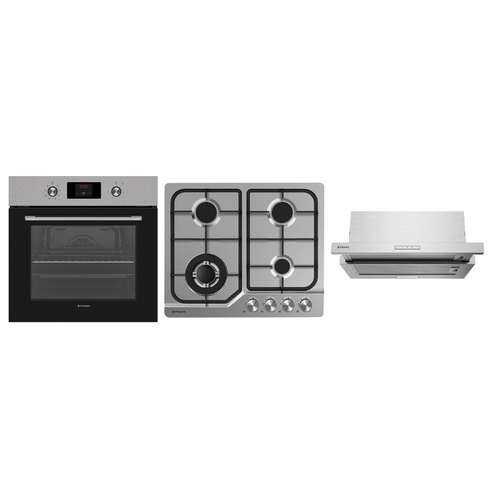 Pachet Pyramis 27P 80222PG640MDTST, cuptor electric incorporabil, plita gaz si hota telescopica, 8 functii, clasa A, volum 69 litri, butoane retractabile, timer electronic, afisaj digital, Grill, 4 arzatoare, wok, finisaj inox