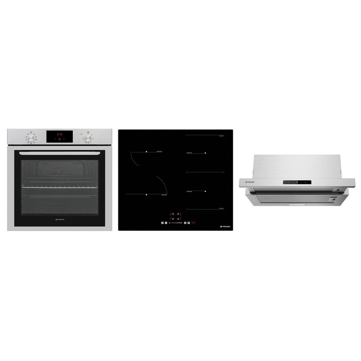 Pachet Pyramis 32P BO105VPHI62432FMBMDTTC, cuptor electric incorporabil, plita inductie si hota telescopica, 9 moduri de operare, clasa A, volum 78 litri, timer digital, 4 zone de gatit, 1 zona Bridge, Power Management, finisaj inox si sticla neagra