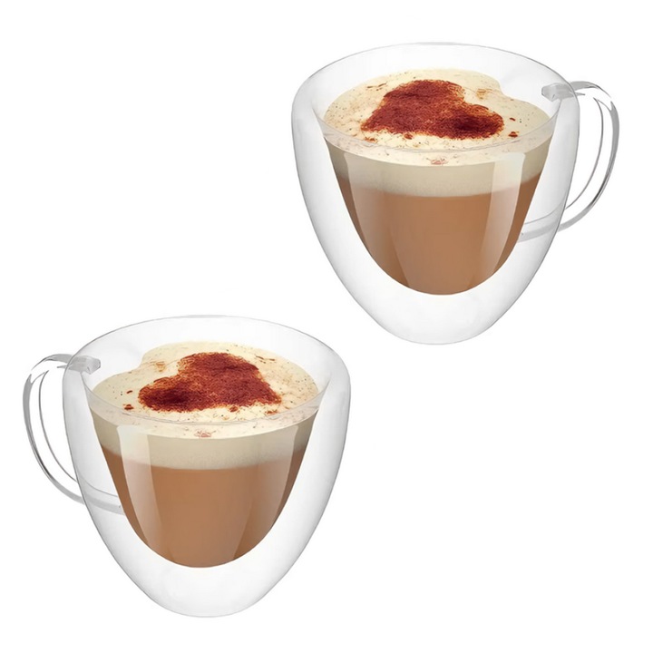 Set 2 Cani de Sticla cu Perete Dublu Teno®, model inimioara, design modern, termorezistente, capacitate 250 ml, 9 x 8 cm