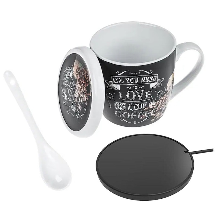 Set cana cadou DDOLI® cu capac si lingura 340ml si Suport pastrare lichide calde, USB, negru