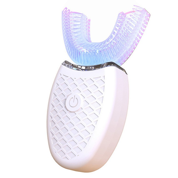 Mmgoqqt U alakú elektromos fogkefe, 360°-os tisztítás, vezeték nélküli töltés, fehér