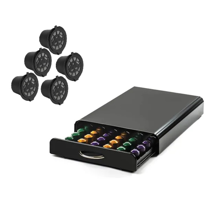 Държач за 38 кафе капсули Nespresso + 5 капсули Nespresso, Черен