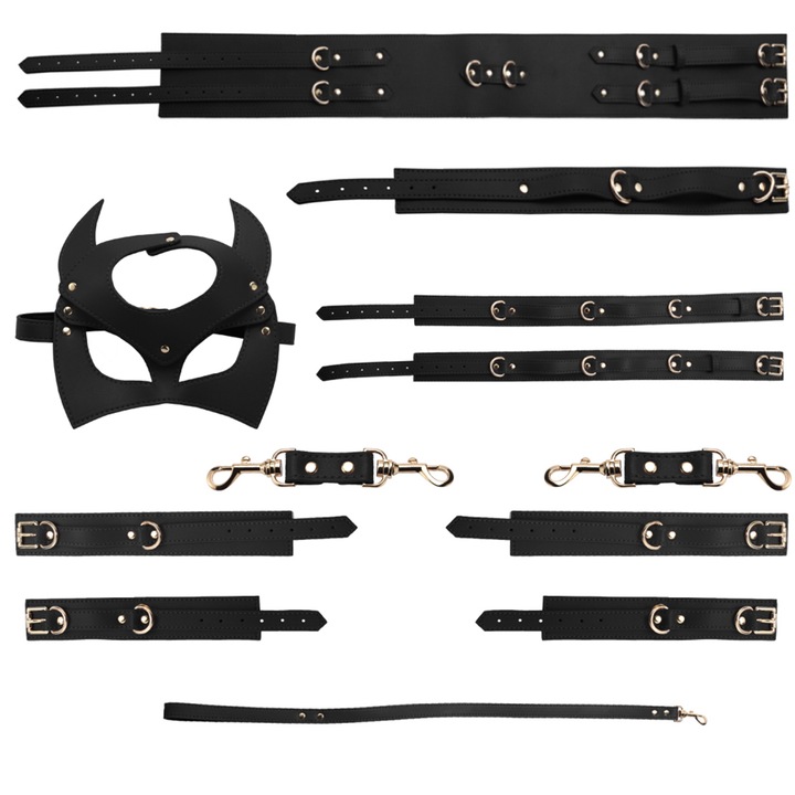 Set Complet de Accesorii BDSM Obsessia®, format din masca, lesa, zgarda din piele ecologica, catuse de maini si picioare, din piele ecologica, culoare negru