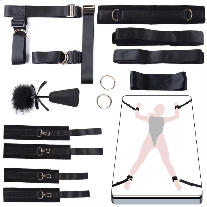 Set catuse erotice BDSM Obsessia® Attitude, tip mansete, design adjustabil, ideal pentru pat, negru, din piele ecologica