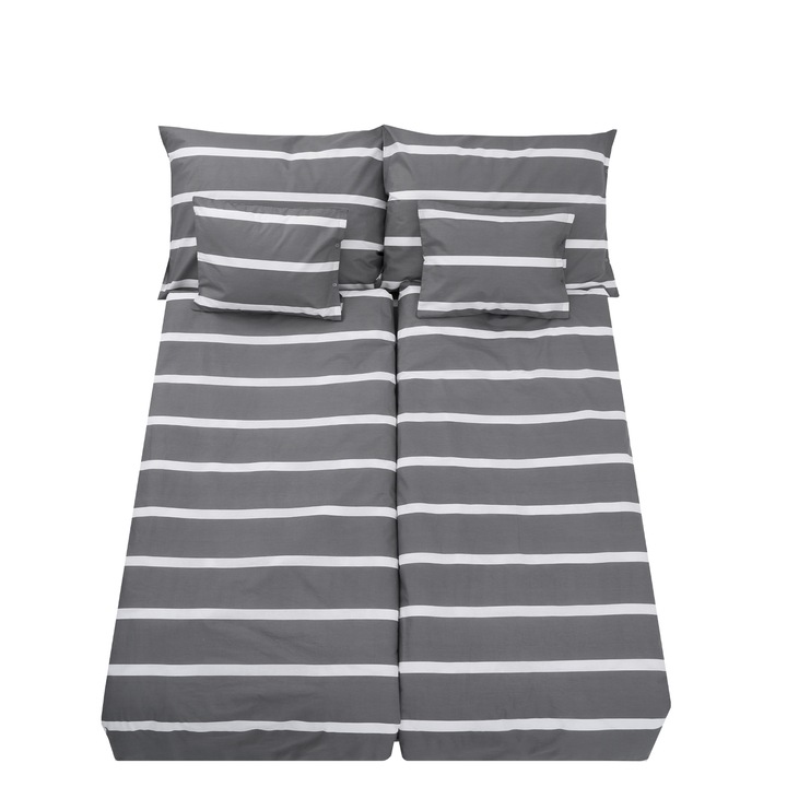Спален комплект Heinner Home king size, 100% памук, 132 TC, 7 части, 2 x плика за завивка 140 x 200 см, 1 x чаршаф 220 x 240 см, 2 x големи калъфки за възглавници 90 x 70 см, 2 x малки калъфки за възглавници 40 х 50 см, Геометричен принт, Сив/Бял