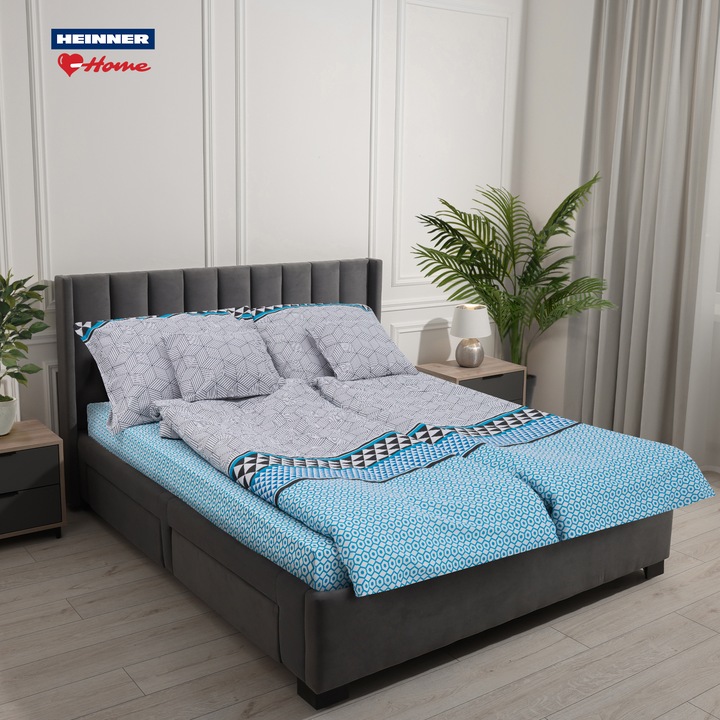 Heinner Home ágynemű, 2 személyes, 100% pamut, 132 TC, 7 darabos, 2 x ágyneműhuzat 140 x 200 cm, 1 x ágynemű 220 x 240 cm, 2 x nagy párnahuzat 90 x 70 cm, 2 x kis párnahuzat 40 x 50 cm, geometriai mintás, Kék/fekete