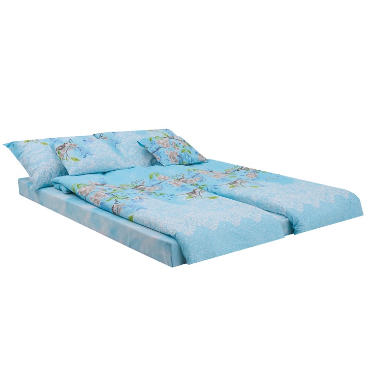 Спален комплект Heinner Home king size, 100% памук, 132 TC, 7 части, 2 x плика за завивка 140 x 200 см, 1 x чаршаф 220 x 240 см, 2 x големи калъфки за възглавници 90 x 70 см, 2 x малки калъфки за възглавници 40 х 50 см, Флорален принт, Син/Бял