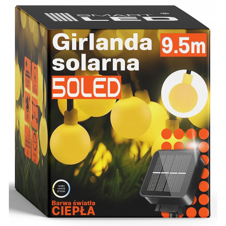 Napelemes lámpák, kerti füzér, 50 x LED izzó, különböző helyekre telepíthető, 9,5 m hosszúság, IP44 védettségi osztály, időjárásálló, távirányítóval vezérelhető