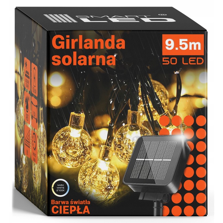 Napelemes lámpák, kerti füzér, 50 x LED izzó, különböző helyekre telepíthető, 9m hosszúság, IP44 védettségi osztály, időjárásálló, távirányítóval vezérelhető