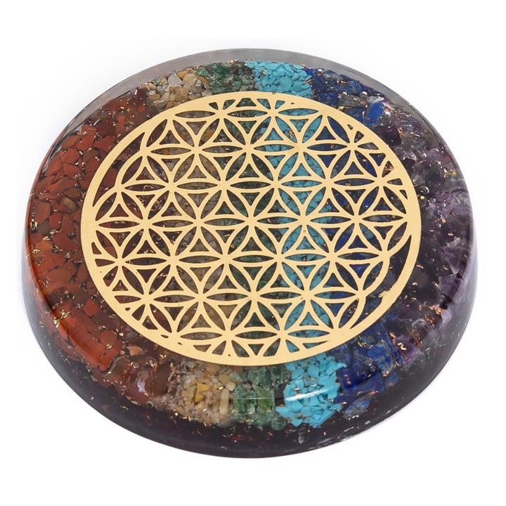 Подложка за чаша, Модел C33, изработена от оргонит и естествени кристали за чакра, 9 см