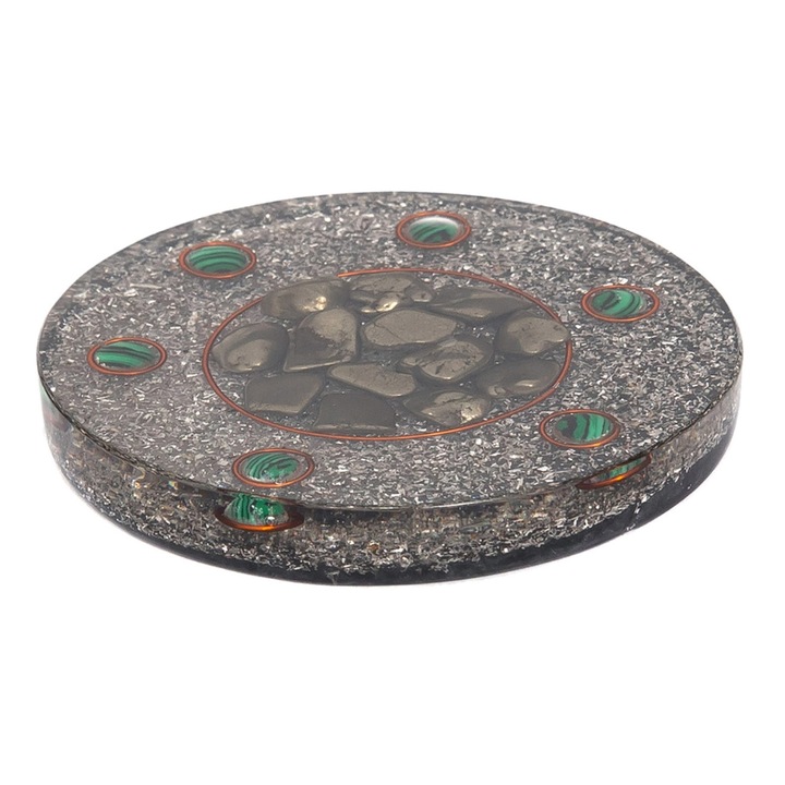 Подложка за чаши | Модел C37, изработена от оргонит и естествени кристали пирит и малахит | 9 см