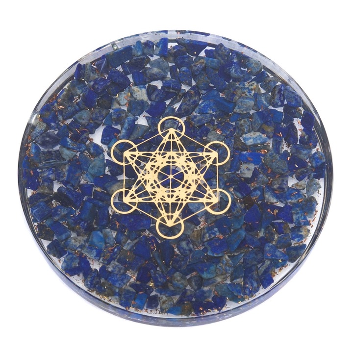 Енергизираща подкрепа | Подложка за чаши | Модел C38, изработена от оргонит и естествени кристали лапис лазули | 9 см
