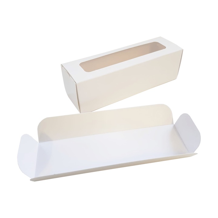 Set 50 bucati cutii cu display ambalare macarons 18x5x5 cm, carton tip duplex GC1 230 g/mp, alb