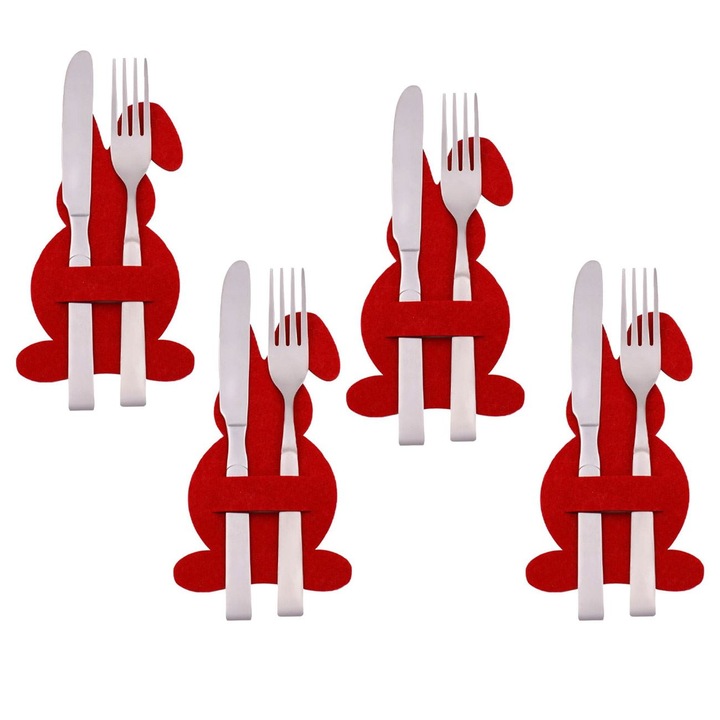 Set 4 suporturi pentru tacamuri de Paste Shopiens®, din pasla, rosii, in forma de iepure, 10 x 17 cm