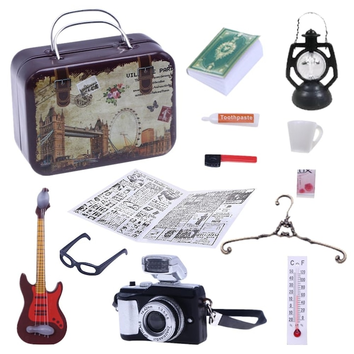 Set de accesorii in miniatura pentru casuta de papusi, format din pasta si periuta de dinti, lampa, aparat foto, chitara, carte, ochelari, ziar, sapun, cana, termometru, umeras Disney Multicolor