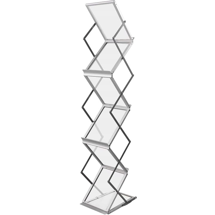 Suport Brosuri Zig Zag, 6 x A4, Z-Shape, Inaltime 146 cm, Geanta Transport, Aluminiu, Argintiu