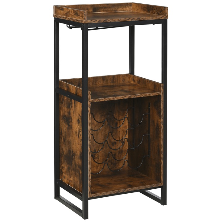Suport bauturi Homcom, industrial, 9 sticle, metal/PAL, cu portpahare, 2 rafturi, maro, 52x40x113cm