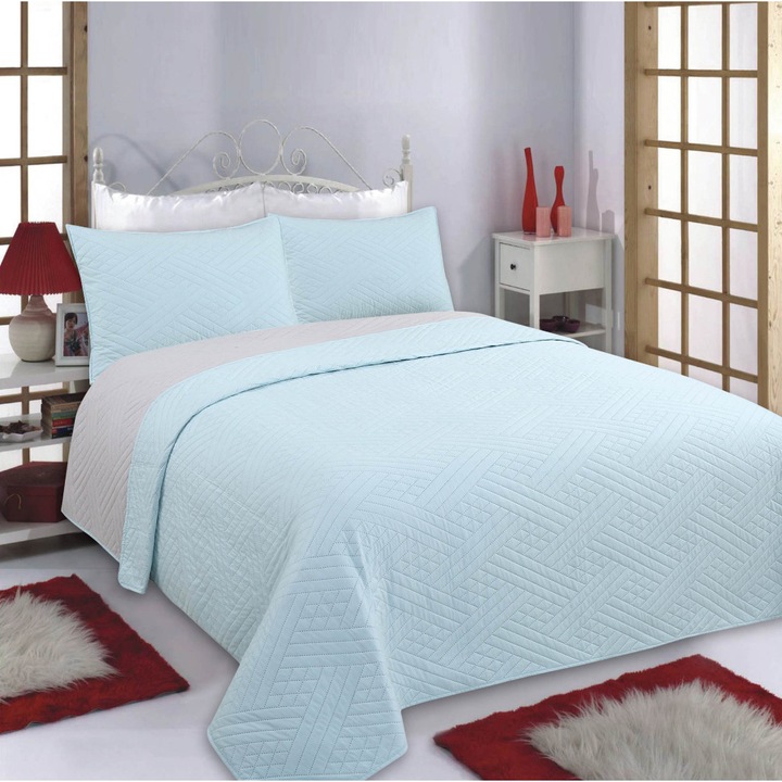 Set cuvertura + fata de perna DIAMOND, Silk Fashion, Bumbac, 160x220cm / 50x70cm, Albastru/Gri