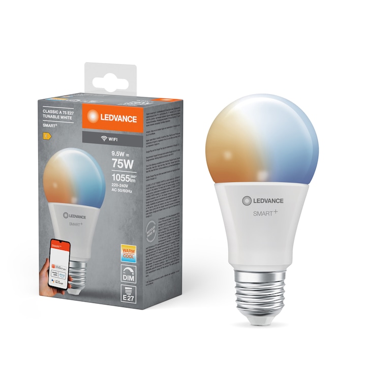 LEDVANCE SMART+ WIFI Intelligens LED izzó, A75, E27, 9,5W (75W), 1055 lm, szabályozható, meleg/semleges/hideg fény (2700K-6500K), kompatibilis LEDVANCE SMART+ / Amazon Alexa / Google Assistant, E energiaosztály