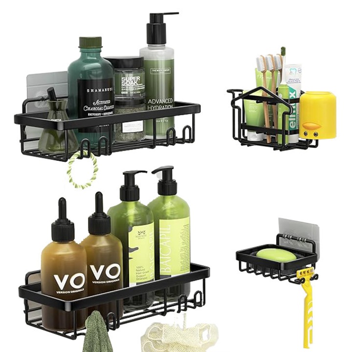 Set 4 Suporturi de Baie cu Carlig, Fara Gaurire, Material Antirugina, Negru, 30x11.6cm