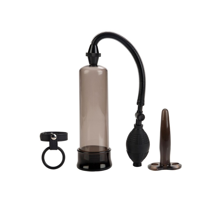 Секс помпа CalExotics, Прозрачен цилиндър, С TPR маншон и силиконова анална сонда, Черен