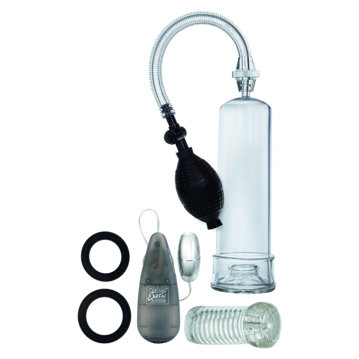 Комплект секс помпа CalExotics Sta-Hard, Силикон, Черен цвят, 2 пръстена с различни размери