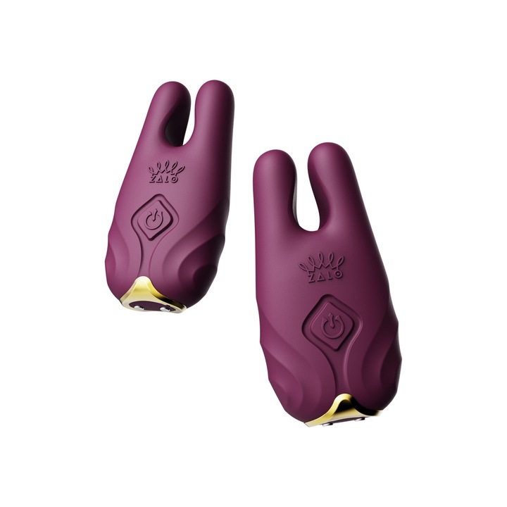 Комплект вибриращи щипки за зърна Zalo Nave, течен силикон, контрол на приложението, лилав