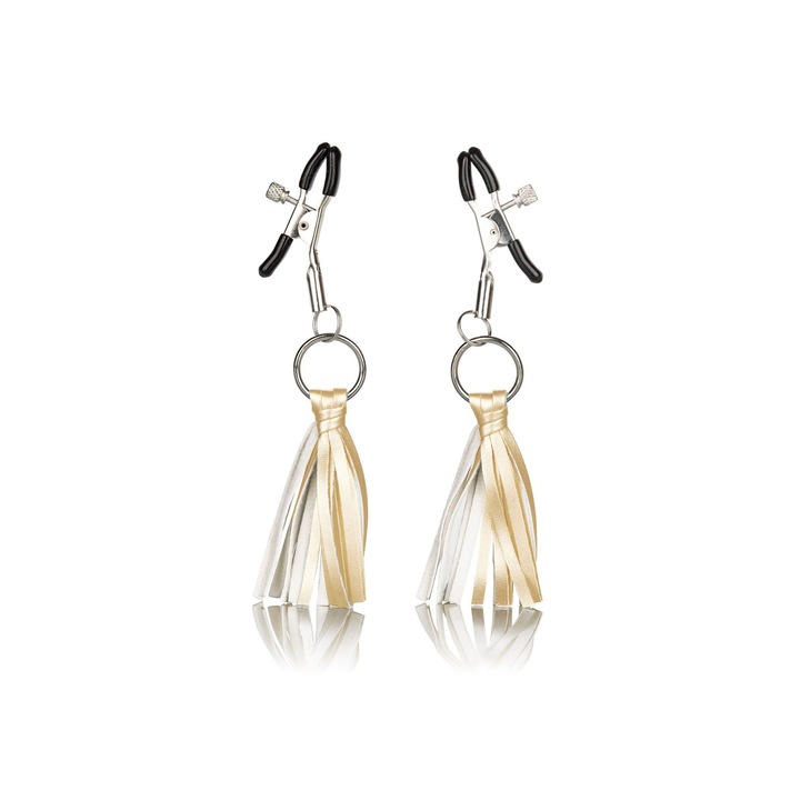 Set 2 cleme sfarcuri BDSM CalExotics, cu ciucuri, Ajustabile, Auriu