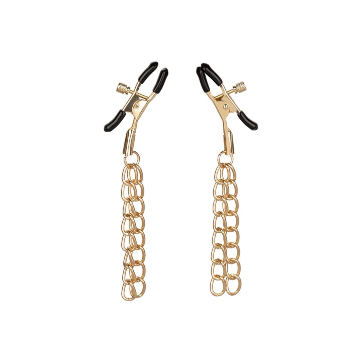 Set BDSM CalExotics, Cleme pentru sfarcuri Ride 'em Premium Denim, cu lanturi, ajustabile, Auriu