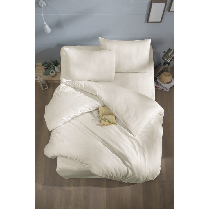 Двойно спално бельо, Story Home, 100% памучен сатен, 210 TC, за 2 човека, 4 части, Кремав