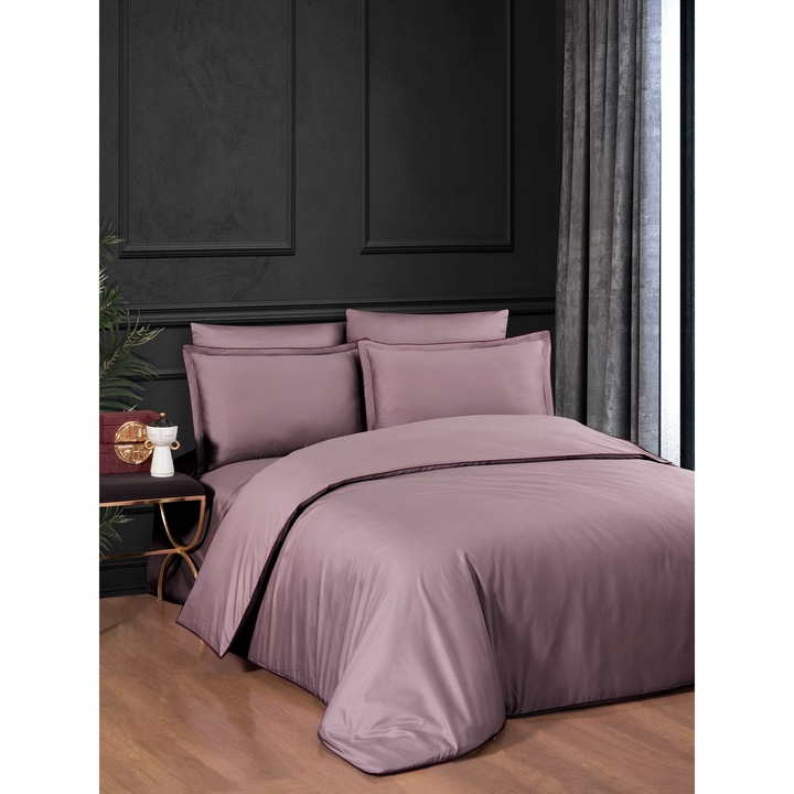Lenjerie de pat dublu, Story Home, 100% bumbac satin, 300 TC, pentru 2 persoane, 6 piese, Stockholm Berry