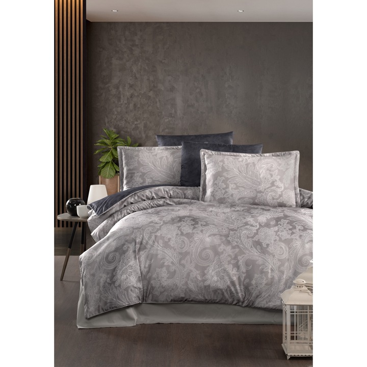 Lenjerie de pat dublu, Story Home, 100% bumbac satin, 300 TC, pentru 2 persoane, 6 piese, Molde