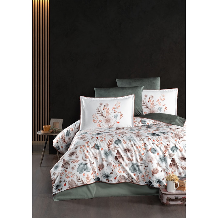 Lenjerie de pat dublu, Story Home, 100% bumbac satin, 300 TC, pentru 2 persoane, 6 piese, Viyana Beige