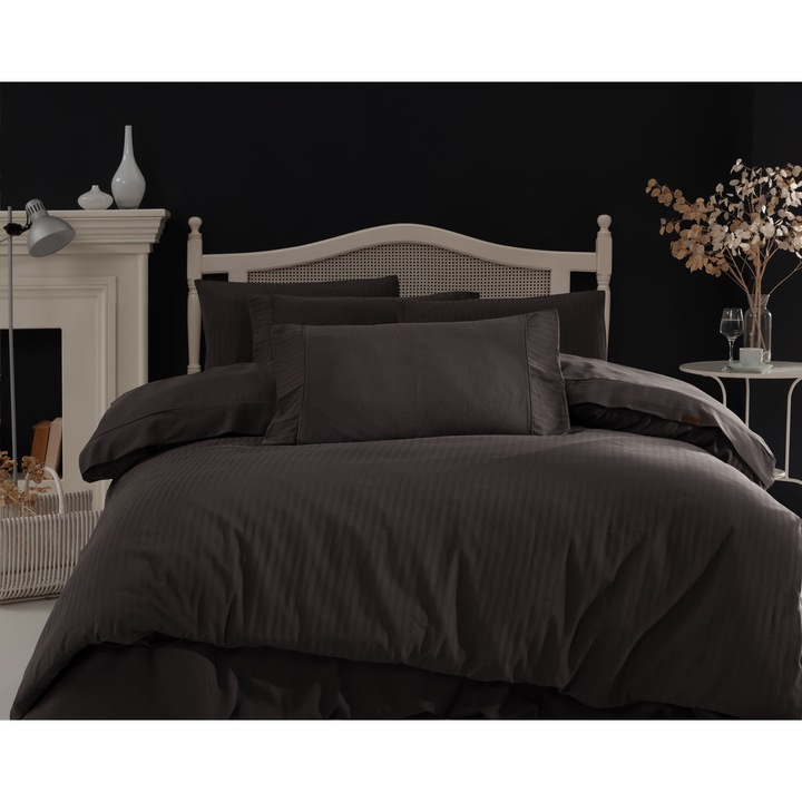 Lenjerie de pat dublu, Majoli Bahar Home Collection, 100% bumbac satin, 210TC, pentru 2 persoane, 6 piese, Opia Harbor