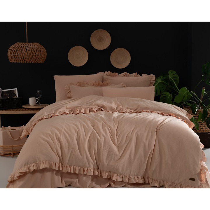 Lenjerie de pat dublu, Majoli Bahar Home Collection, 100% bumbac yarn dyed, 144 TC, pentru 2 persoane, 4 piese, Milagros Ballet